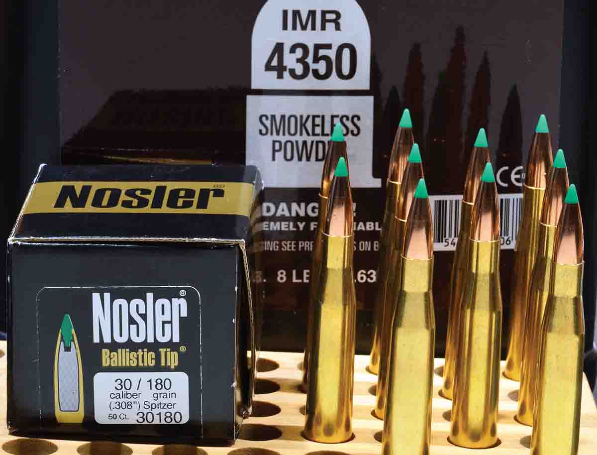 A venerable load (67 grains of IMR-4350 with a 180-grain bullet) delivered the goods with a Nosler 180-grain Ballistic Tip. Reportedly,  IMR-4350 was developed by DuPont in 1940, specifically for the 300 H&H. This load gave the best performance in both test rifles.